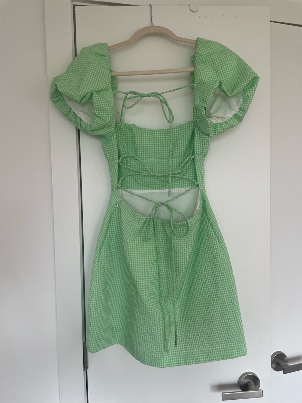 Zara Light Green Gingham Puff-Sleeve Mini Dress - worn only once - Picture 4 of 7